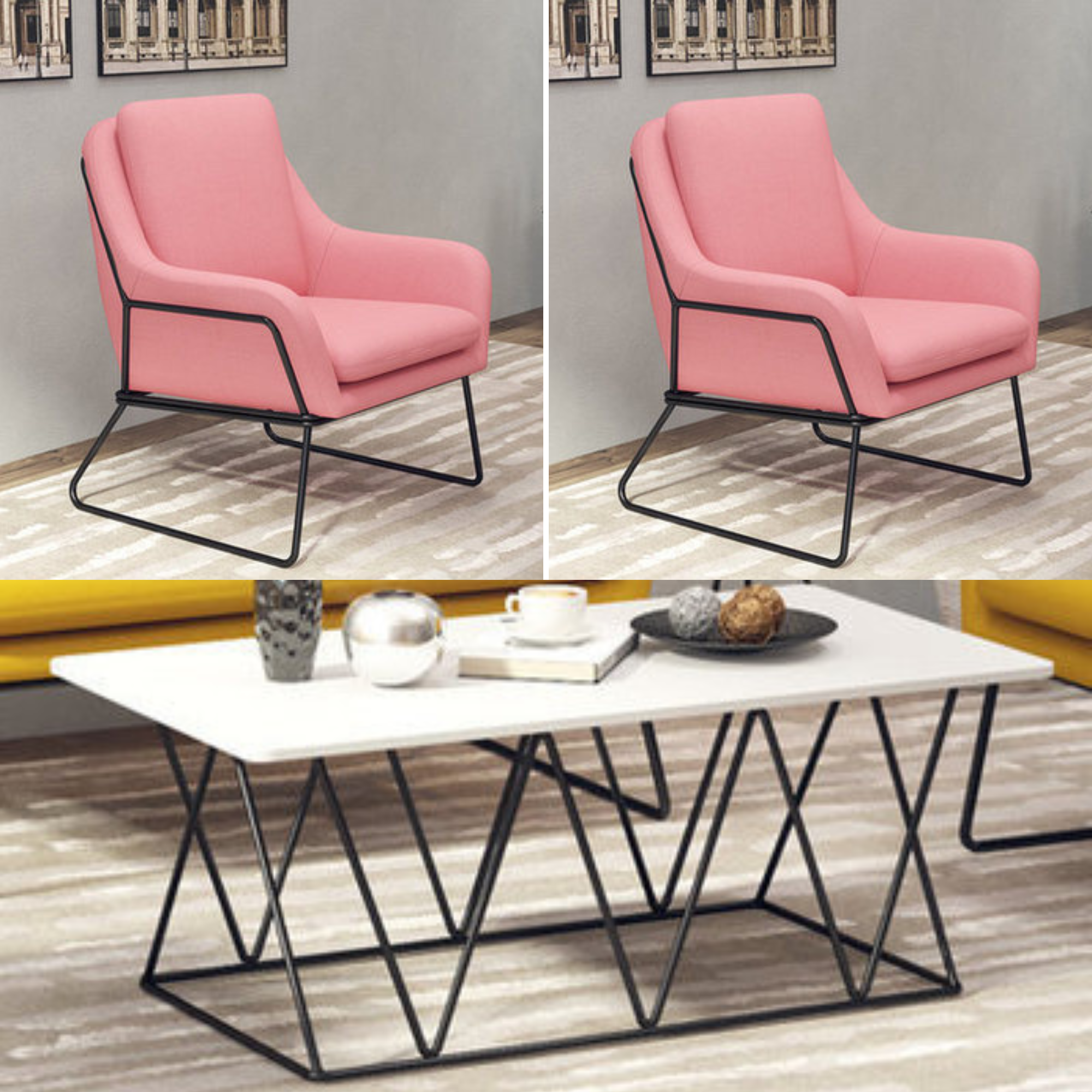 Fauteuil lounge design – Tissu velours coloré & piètement métal noir