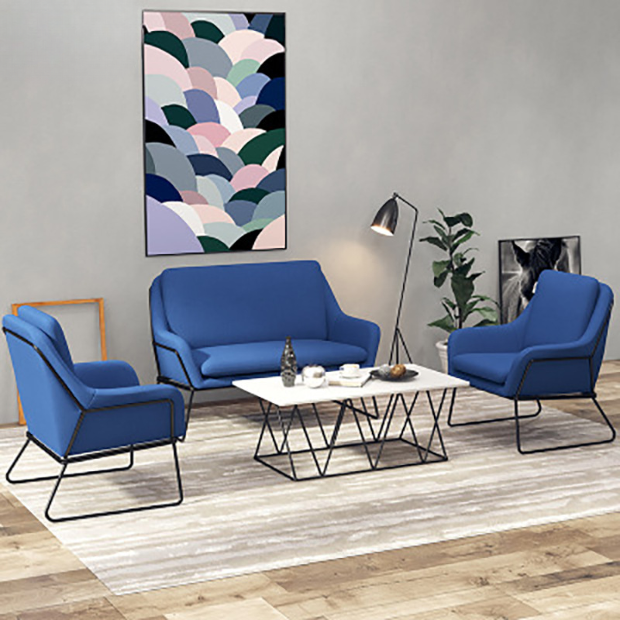 Fauteuil lounge design – Tissu velours coloré & piètement métal noir
