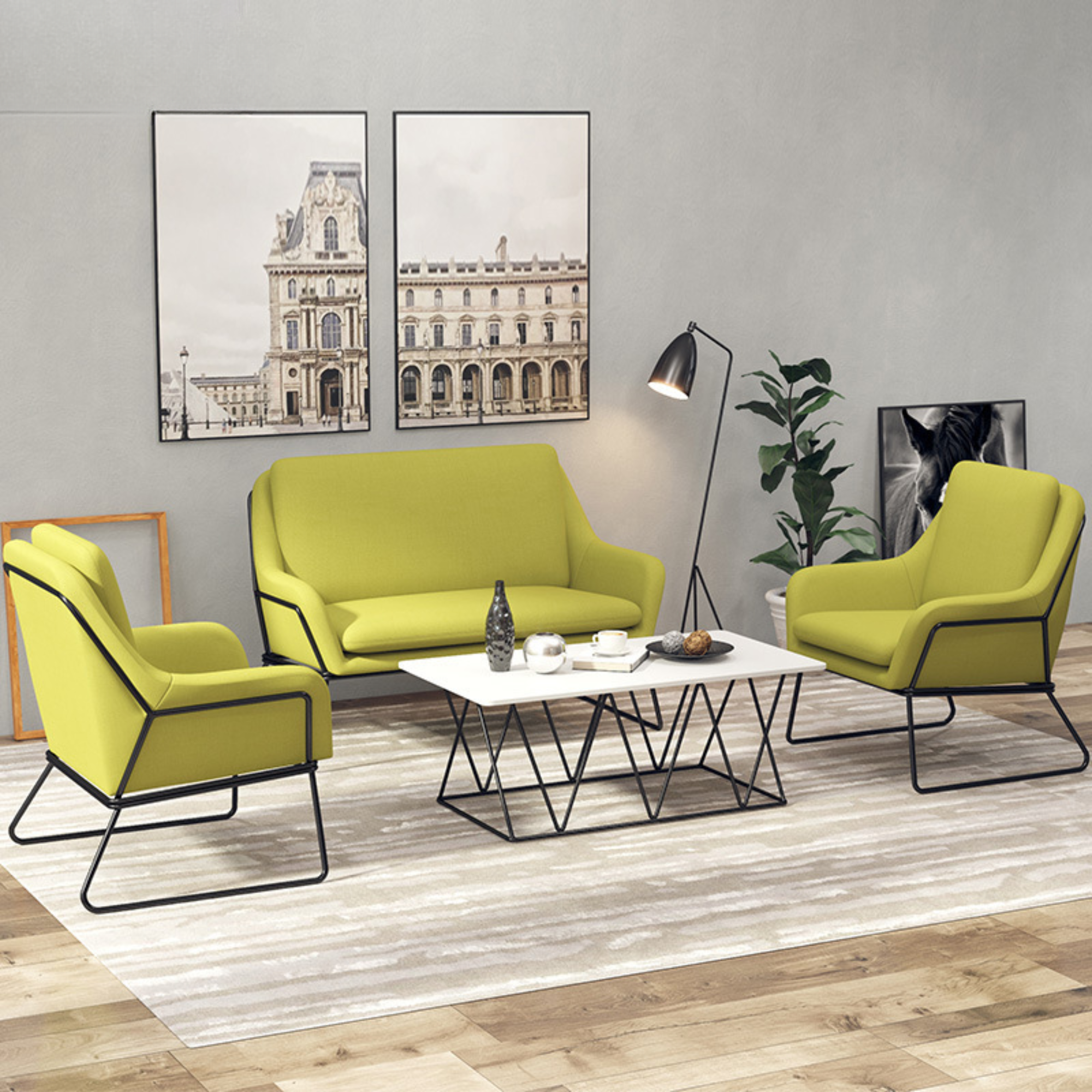 Fauteuil lounge design – Tissu velours coloré & piètement métal noir