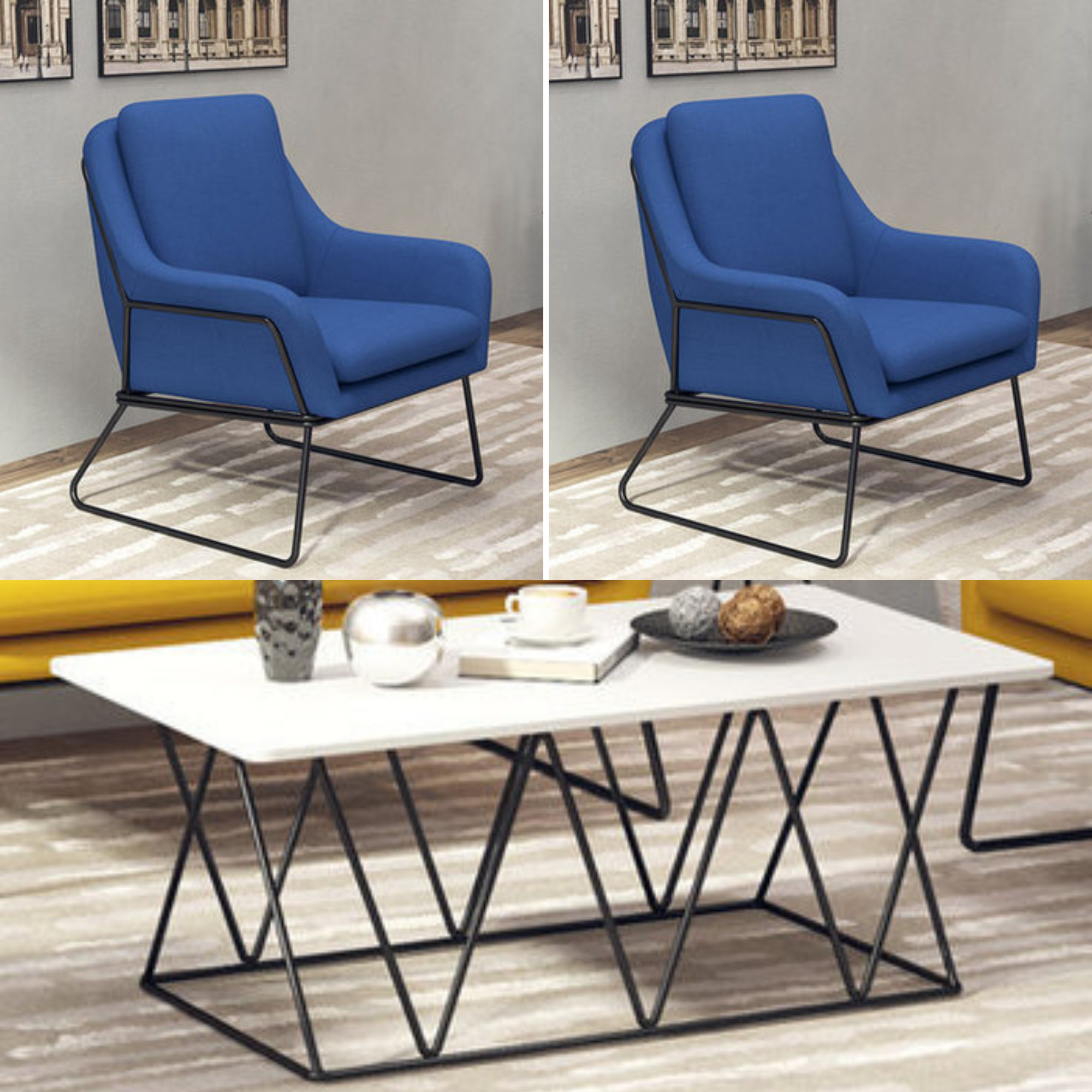 Fauteuil lounge design – Tissu velours coloré & piètement métal noir