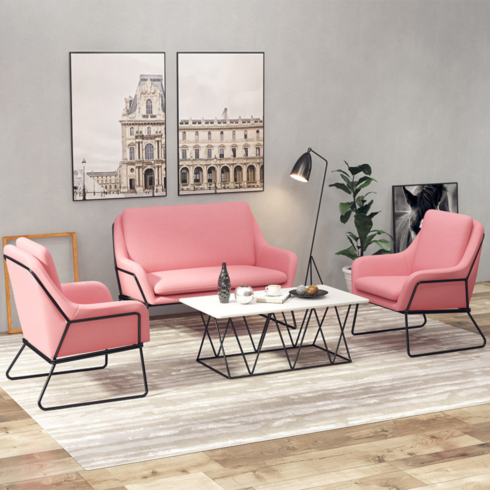 Fauteuil lounge design – Tissu velours coloré & piètement métal noir