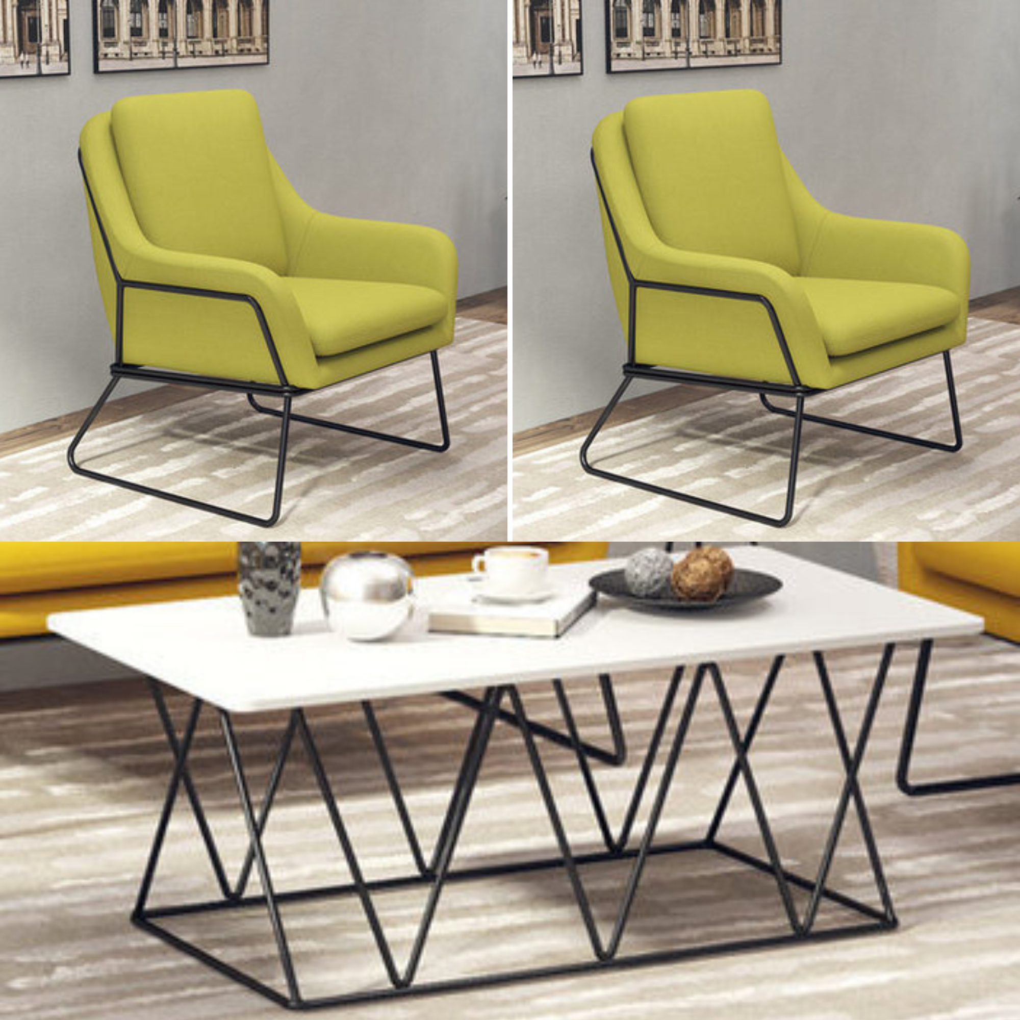 Fauteuil lounge design – Tissu velours coloré & piètement métal noir
