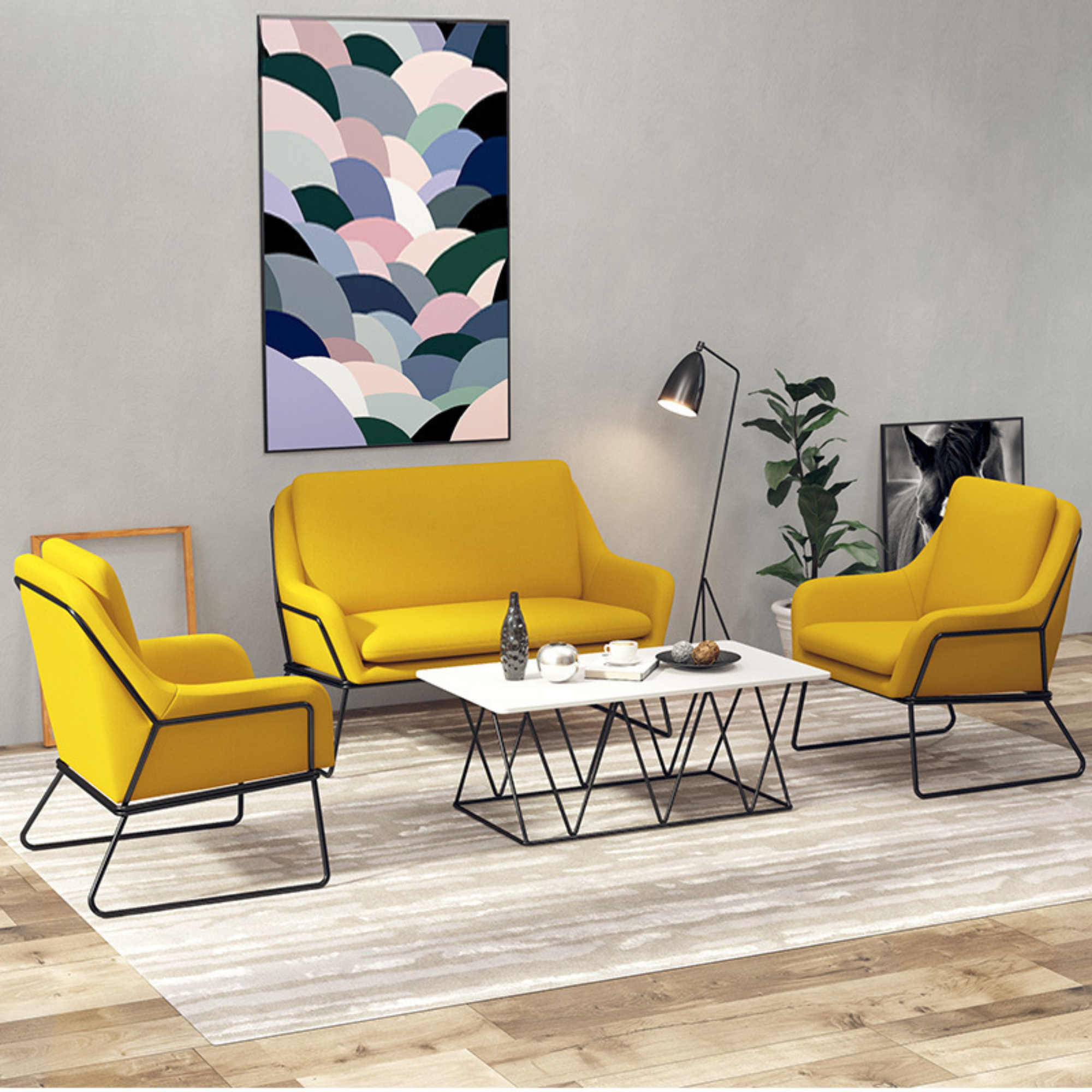 Fauteuil lounge design – Tissu velours coloré & piètement métal noir