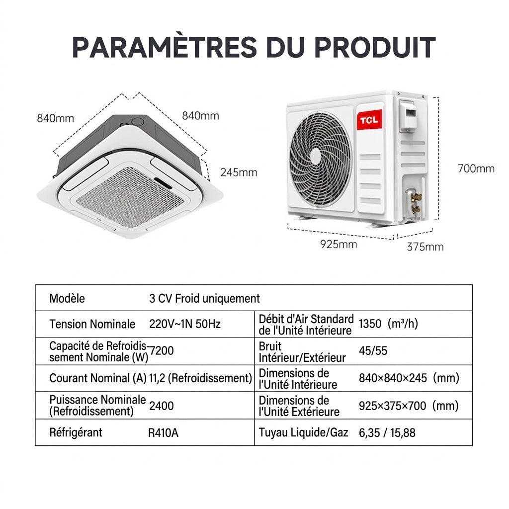 Climatiseur Cassette Réversible 4 Voies 3 CV (24000 BTU / 7,2 kW) "CLIM-CASSETTE 72 PRO"