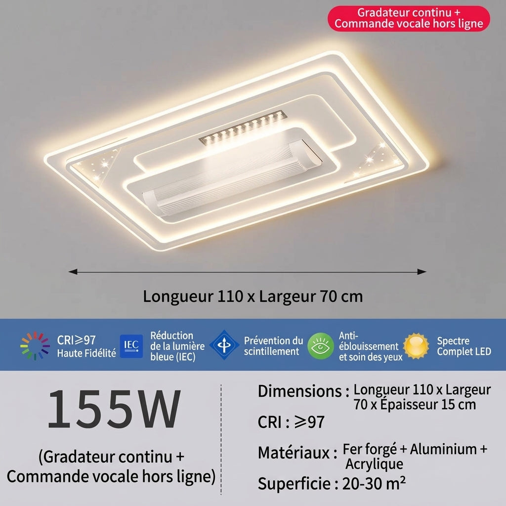 Grand Plafonnier LED Architectural Rectangulaire 155W avec Ventilateur Sans Pales Intégré "AURA-BLADELESS 110"