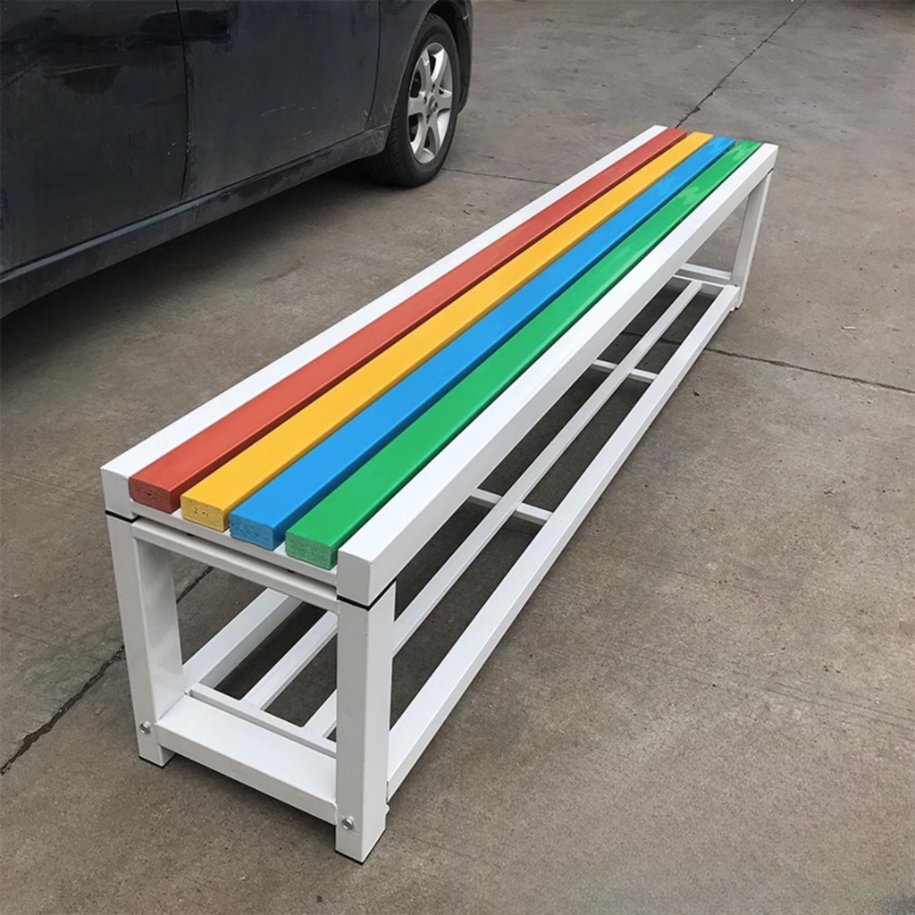 Banc vestiaire design – Structure métal blanc & lattes bois ou composite